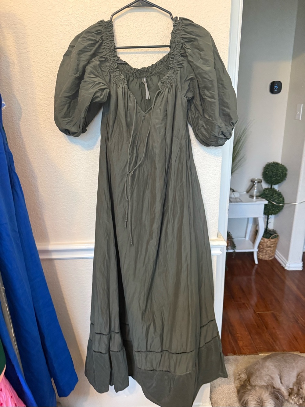Anthropologie Olive Green Lace-Up Puff Sleeve Midi Dress large - Picture 6 of 10